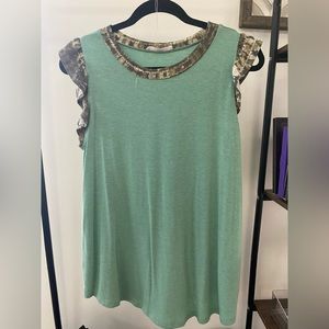 Ces Femme green top with patterned neck & ruffled sleeve